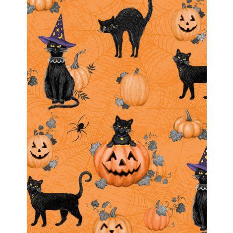 Wilmington Prints Meow-Gical Night Cats & Pumpkins All Over Orange  3008-96474-898