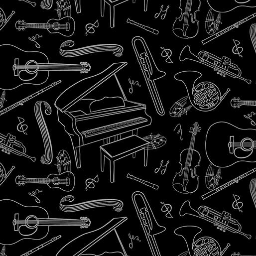 Benartex Fabrics Making Music Music Etchings Black 14771-12