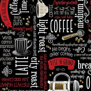 Benartex Fabrics Perfect Brew  Coffee Time Words Black  1491912B