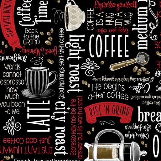 Benartex Fabrics Perfect Brew  Coffee Time Words Black  1491912B