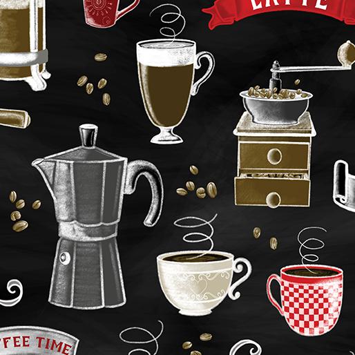 Benartex Fabrics Perfect Brew Rise 'N Grind Black Multi  1492290B