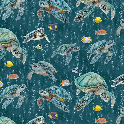 Benartex Fabrics Under The Sea Sea Turtle Swim Dark Teal/Multi   1653085B