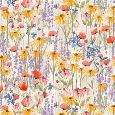 Clothworks Enjoy the Little Things Digital Wildflowers Light Khaki  Y4059-11