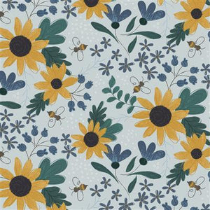 Clothworks Honeybee Digital Large Sunflowers Light Teal Y4455-103