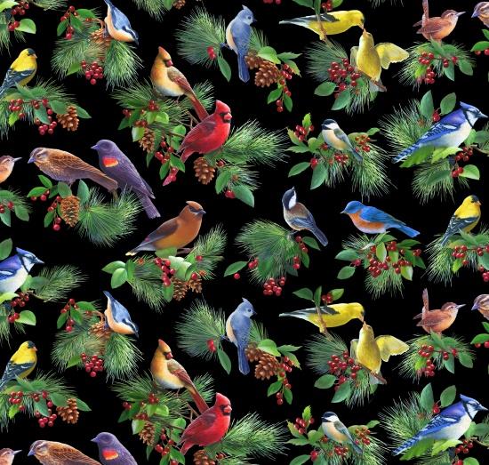 Elizabeth's Studio Fabrics Birds and Berries 40004-Black