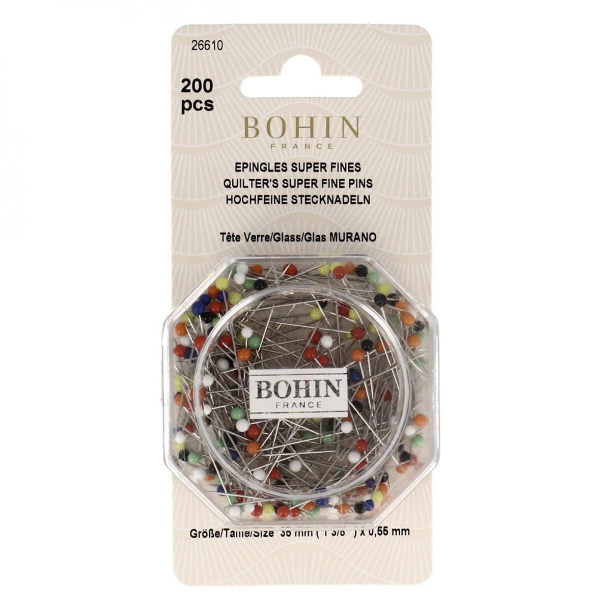 Glass Head Pin Assorted Colors Size 28 - 1/3 inch 200 Count from Bohin ...