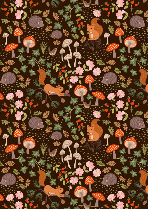 Lewis & Irene Snuggle Up Flannel Squirrels & Hedgehogs on Dark Brown  F695.3