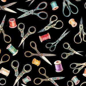 QT Fabrics In Stitches Scissors Toss Black 30658 J