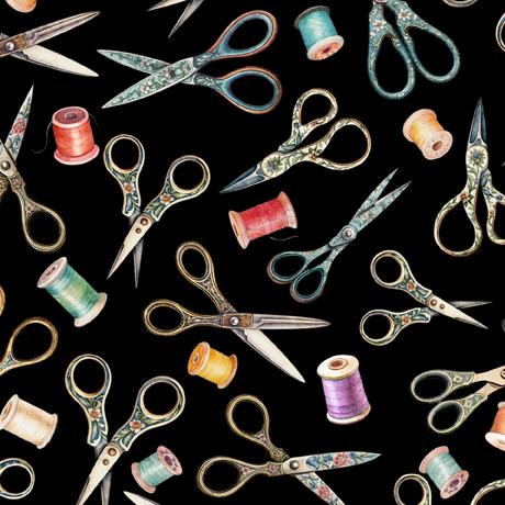 QT Fabrics In Stitches Scissors Toss Black 30658 J