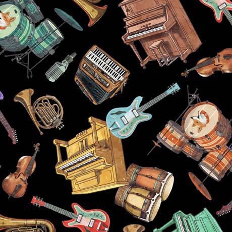 QT Fabrics Jug Band Jamboree Instrument Toss Black 30523-J
