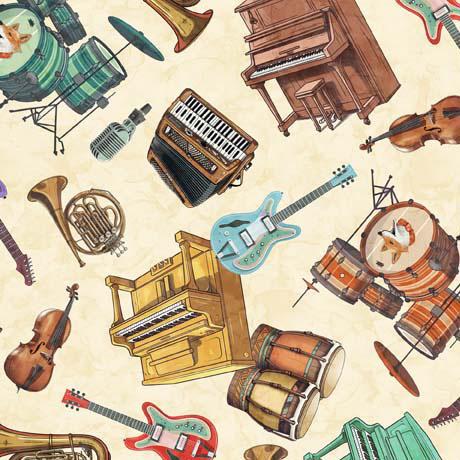 QT Fabrics Jug Band Jamboree Instrument Toss Cream 30523-E
