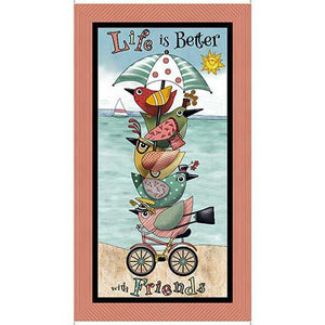 QT Fabrics Life is Better with Friends Bird Panel Seafoam  30536-Q