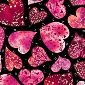QT Fabrics Love Struck Large Decorative Hearts Black 30778-J
