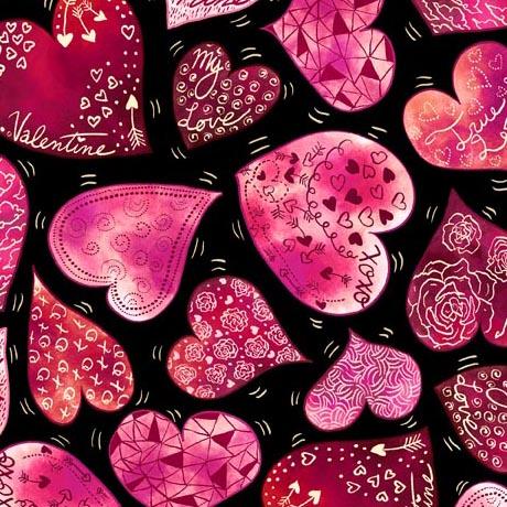 QT Fabrics Love Struck Large Decorative Hearts Black 30778-J