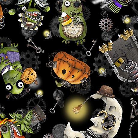 QT Fabrics Steampunk Halloween 3  Character Toss  Black   31221-J