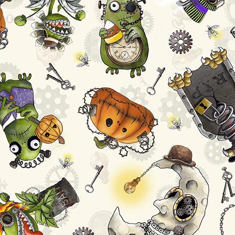 QT Fabrics Steampunk Halloween 3  Character Toss Cream    31221-E
