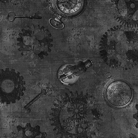 QT Fabrics Steampunk Halloween 3  Gears  Charcoal  31223-J