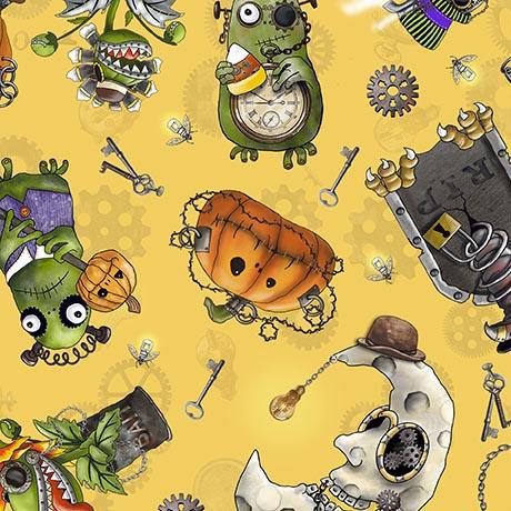 QT Fabrics Steampunk Halloween 3 Halloween Character Toss Yellow 31221-S