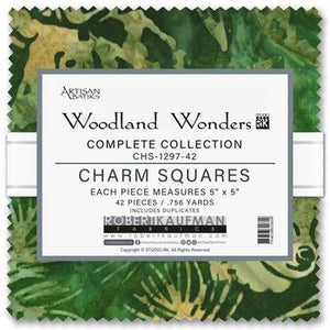 Robert Kaufman Fabrics Woodland Wonders Batik Charm Squares 42 pieces measuring 5"x5" each CHS-1297-