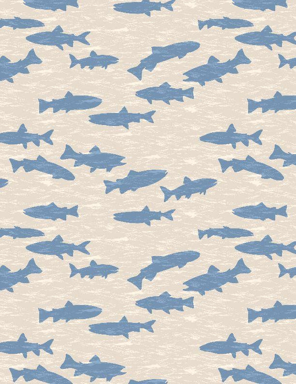Wilmington Prints Gone Fishing Fish Silhouettes Cream Blue 3061 21765 141