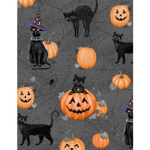 Wilmington Prints Meow-Gical Night Cats & Pumpkins All Over Black  3008-96474-998