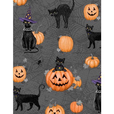 Wilmington Prints Meow-Gical Night Cats & Pumpkins All Over Black  3008-96474-998