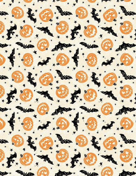 Wilmington Prints Midnight Haunting Bats and Pumpkins Cream 3008-96487-189