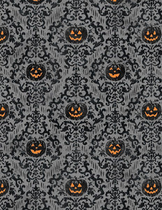 Wilmington Prints Midnight Haunting Pumpkin Damask Dark Gray 3008-96485-998