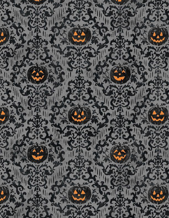 Wilmington Prints Midnight Haunting Pumpkin Damask Dark Gray 3008-96485-998