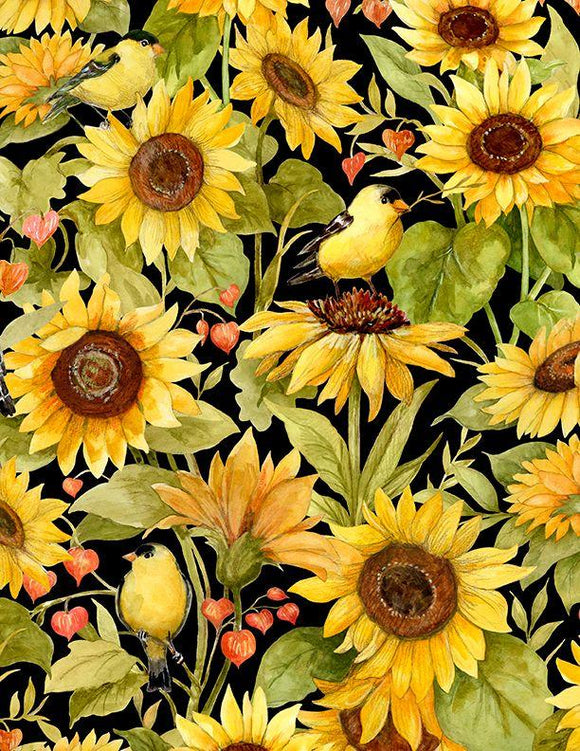 Wilmington Prints Sunflower Splendor  Sunflower & Birds All Over Black  3023-83327-957