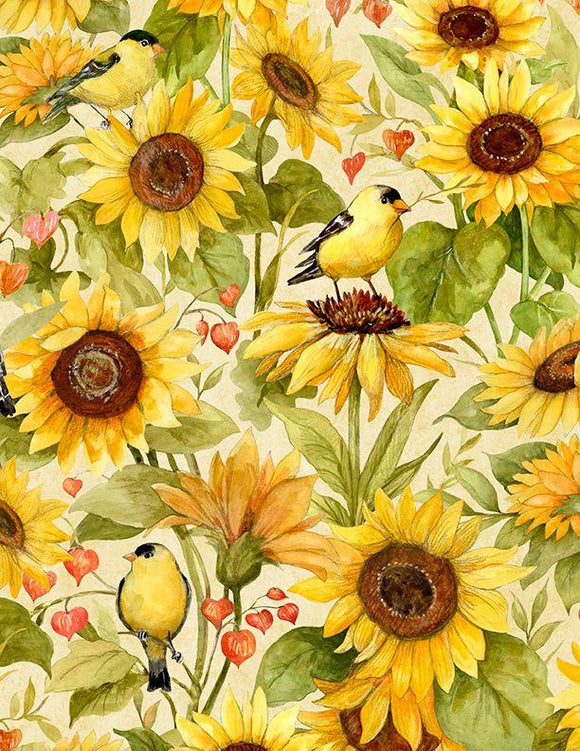 Wilmington Prints Sunflower Splendor Sunflower & Birds All Over Cream 3023-83327-257