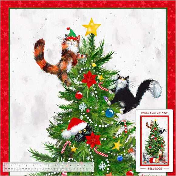 Windham Fabrics Meowy Christmas White Panel 24