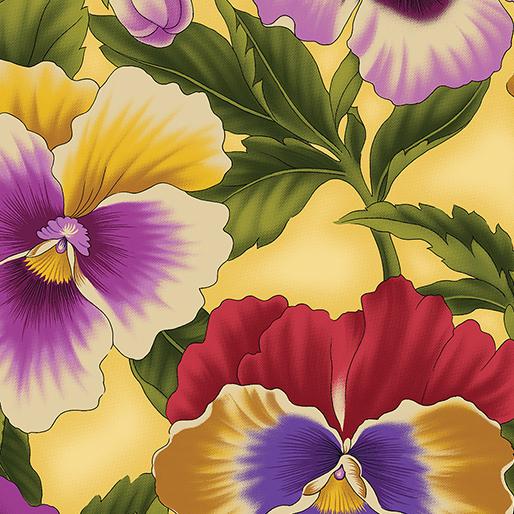 Benartex Fabric Flower Festival Pansies Yellow Violet 0301336B