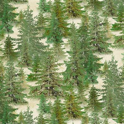 Clothworks Snovalley Digital Trees Forest Light Butter Y3869-58