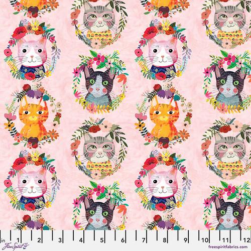 Freespirit Fabrics Floral Pets Kitty Wreaths  Pink  PWMC051.XPINK