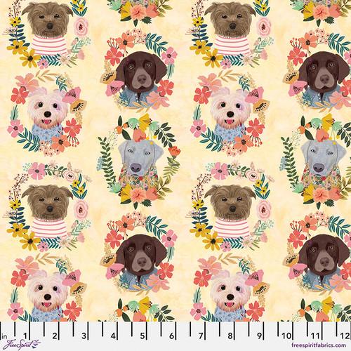 Freespirit Fabrics Floral Pets Puppy Wreaths  Yellow  PWMC052.XYELLOW