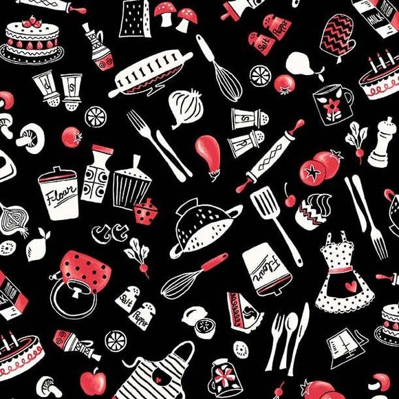 Michael Miller Fabrics Kiss the Cook In The Kitchen CX9755-BLAC-D