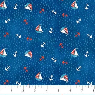 Northcott Fabrics Out to Sea Boats and Anchors Tossed Navy 26656-47