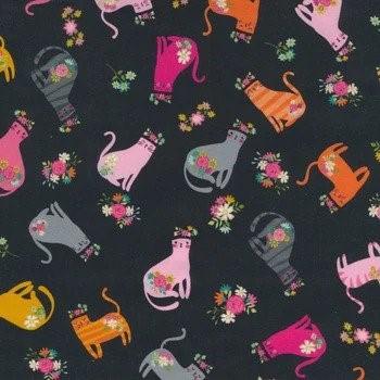 Poppie Cotton Fabric Kitty Loves Candy Cats in Hats Black KC23901
