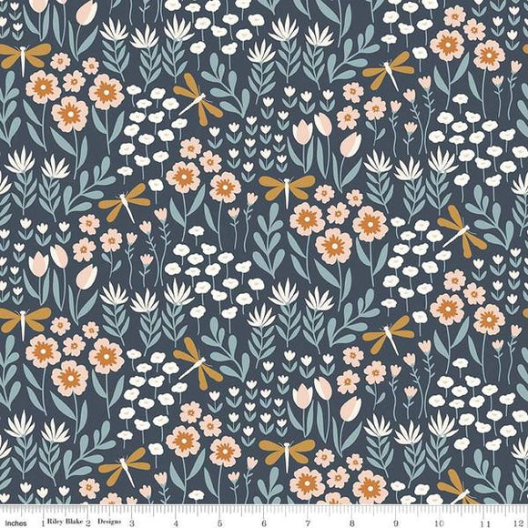 Riley Blake Designs Flannel Lakeside Floral Little Swan F14693-NAVY