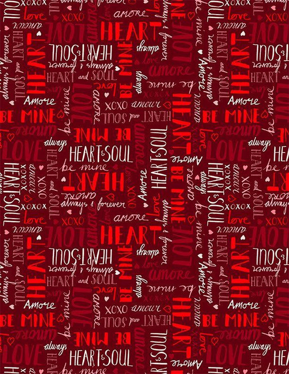 Wilmington Prints Happy Hearts Words All Over Red  3052-13803-333